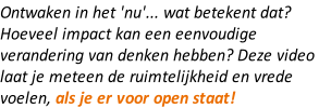 Ontwaken in het 'nu'... wat betekent dat?  Hoeveel impact kan een eenvoudige  verandering van denken hebben? Deze video  laat je meteen de ruimtelijkheid en vrede  voelen, als je er voor open staat!